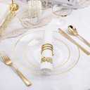 Rubtlamp 100Pcs Clear Gold Plastic Plates, Disposable Plates With Gold Rim, Heavy-duty Party Platos, Hammered Plastic Plates Include 50 Clear Dessert Plates, 50 Dinner Plates for Party