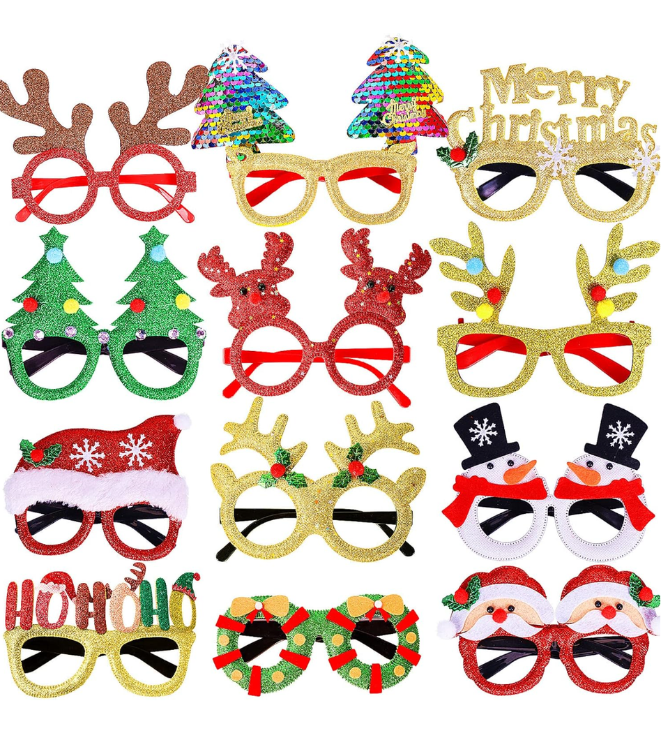 Max Fun 12Pcs Christmas Glasses Glitter Holiday Party Glasses Frames Christmas Decoration Accessories Costume Eyeglasses for Christmas Parties Holiday Favors (One Size Fits All)