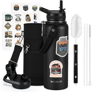 40 oz Insulated Water Bottle with Straw (Cold for 48 Hrs), Stainless Steel Triple Wall Vacuum Sports Water Jug, Leakproof Hydro Cup Flask with Paracord Handle & Straw Spout Lids & DIY Stickers (Black)