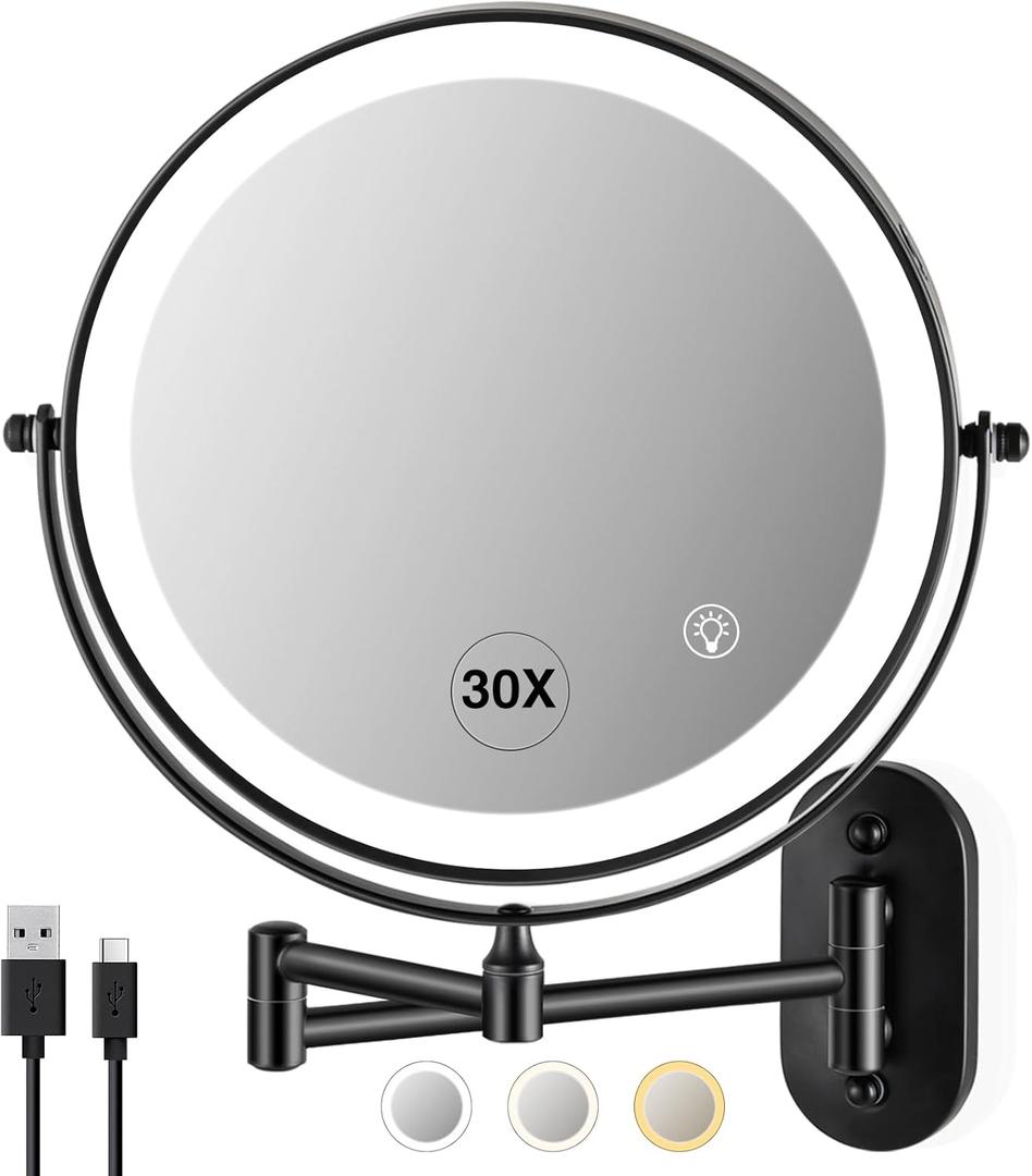 Wall Mounted Makeup Mirror with Light: 30X/1X 8.5'' Double Sided LED Magnifying Bathroom Mirror, Black