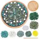 WEBEEDY DIY Ceramic Mosaic Kit Flower Mosaic Bamboo Coasters Kits for Adults Beginner Green Glass Mosaics Tiles with Bamboo Coaster Base for Handmade Mosaics Coaster Home Summer Decor