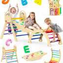Pikler Triangle Set, 9-in-1 Montessori Climbing Toy for Toddlers, Foldable Wooden Indoor Jungle Gym & Playground Climber for Learning and Motor Skills (18 Months7 Years) (Rainbow)