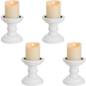 4 Pcs Wood Pillar Candle Holder Rustic White Candle Holder Table Centerpiece Decor Wooden White Farmhouse Decorations for Fireplace Mantle