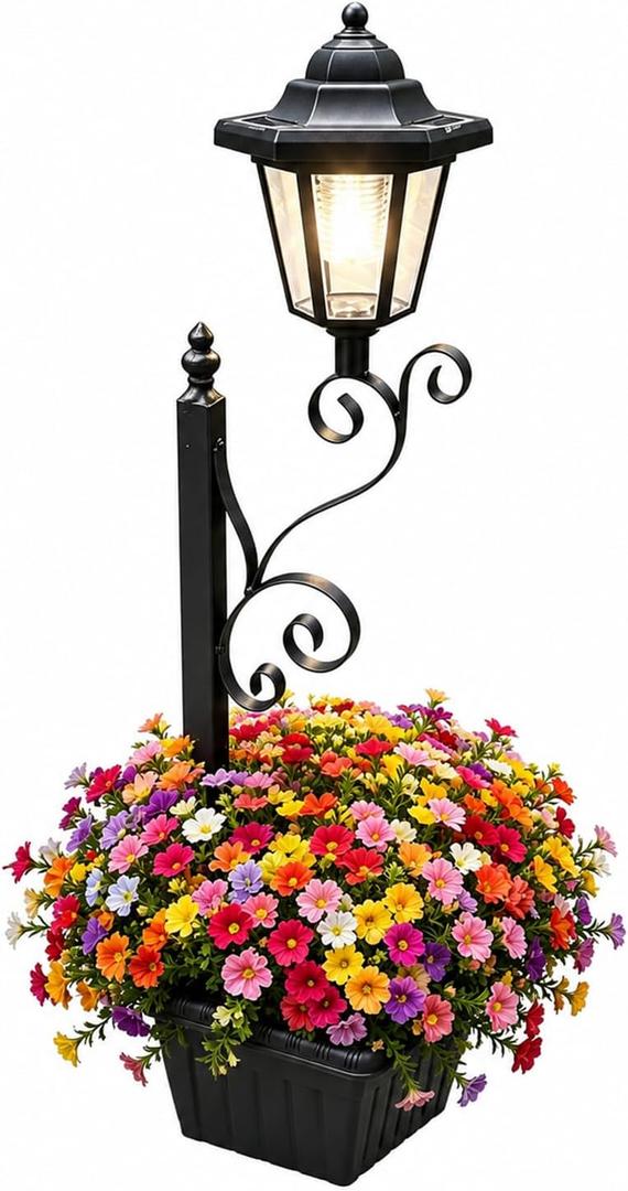 2-in-1 Solar Lamp & Flower Pot, Wall Mount/Freestanding, 3000K Warm White Light, IP65 Waterproof, Outdoor Decor for Yard, Garden, Patio, Porch, Pathway, Fits Real & Fake Flowers