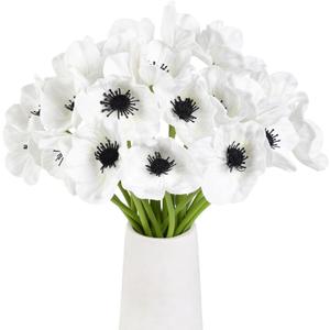 48 PCS Artificial White Flower, 11 Inch Silk Anemone Flower, Stems PU Real Touch Fake Flowers in White with Black Center for Wedding Bouquet Home Kitchen Party Table Centerpiece Decor