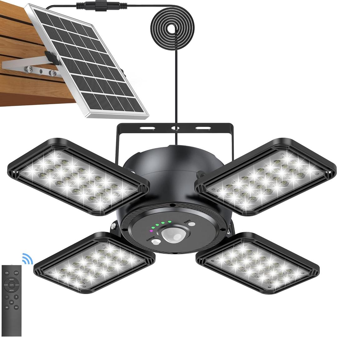 Solar Pendant Light Outdoor Indoor Solar Powered Motion Sensor Shed Light,144LED 1200LM Daytime Work with 5 Lighting Modes Remote Control 4 Heads IP65 Waterproof for Garage Gazebo Barn (Black)