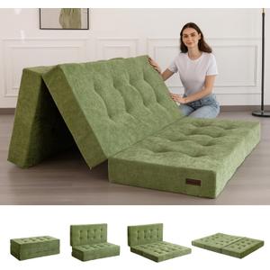 MAXYOYO Tri-Fold Mattress, 6 Inch Tufted Folding Mattress with Chenille Fabric, Portable Twin Size Floor Guest Mat for Adults, Foldable Topper for Camping, Green, 35.4"x75"