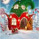 ZTHMOE 5x7ft Polyester Christmas Candy Canes House Photography Backdrop Winter Night Snowflake Background Xmas Pine Trees Cane Sugar Party Decorations Photo Banner Props with Four Holes Easy to Hang