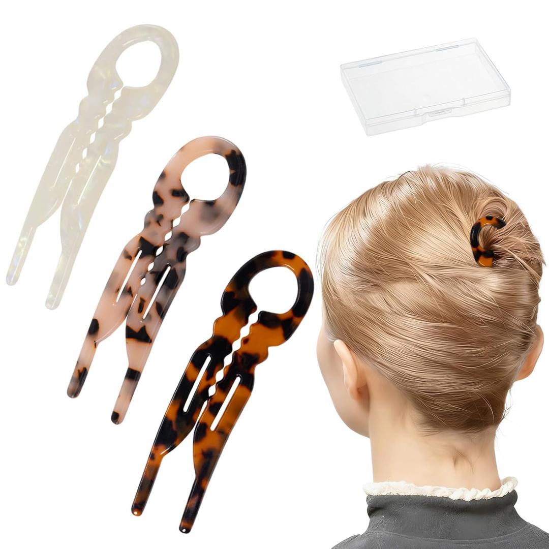 2 x Sunolga Prestige French Hair Pins 4.38" Plastic, U-shaped Magic Grip Hairpins Anti-Slip, Curved Shape Strong Durable Pins For Fine, Thick & Long Hair, Tortoise Shell Styling Accessories for Women (3pcs-White brown set)