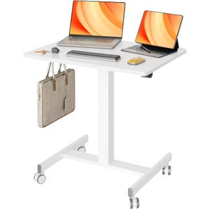 Claiks Mobile Standing Desk, Small Rolling Standing Desk, Mobile Desk Workstation with Wheels, Pneumatic Mobile Laptop Desk for Home Office with Hook, White