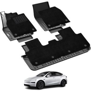 3W Tesla Model Y Juniper Floor Mats with Carpets, Metal Pedal, Double Layer, All Weather TPE Waterproof Custom Fit Automotive Car Floor Liners, Vigormold