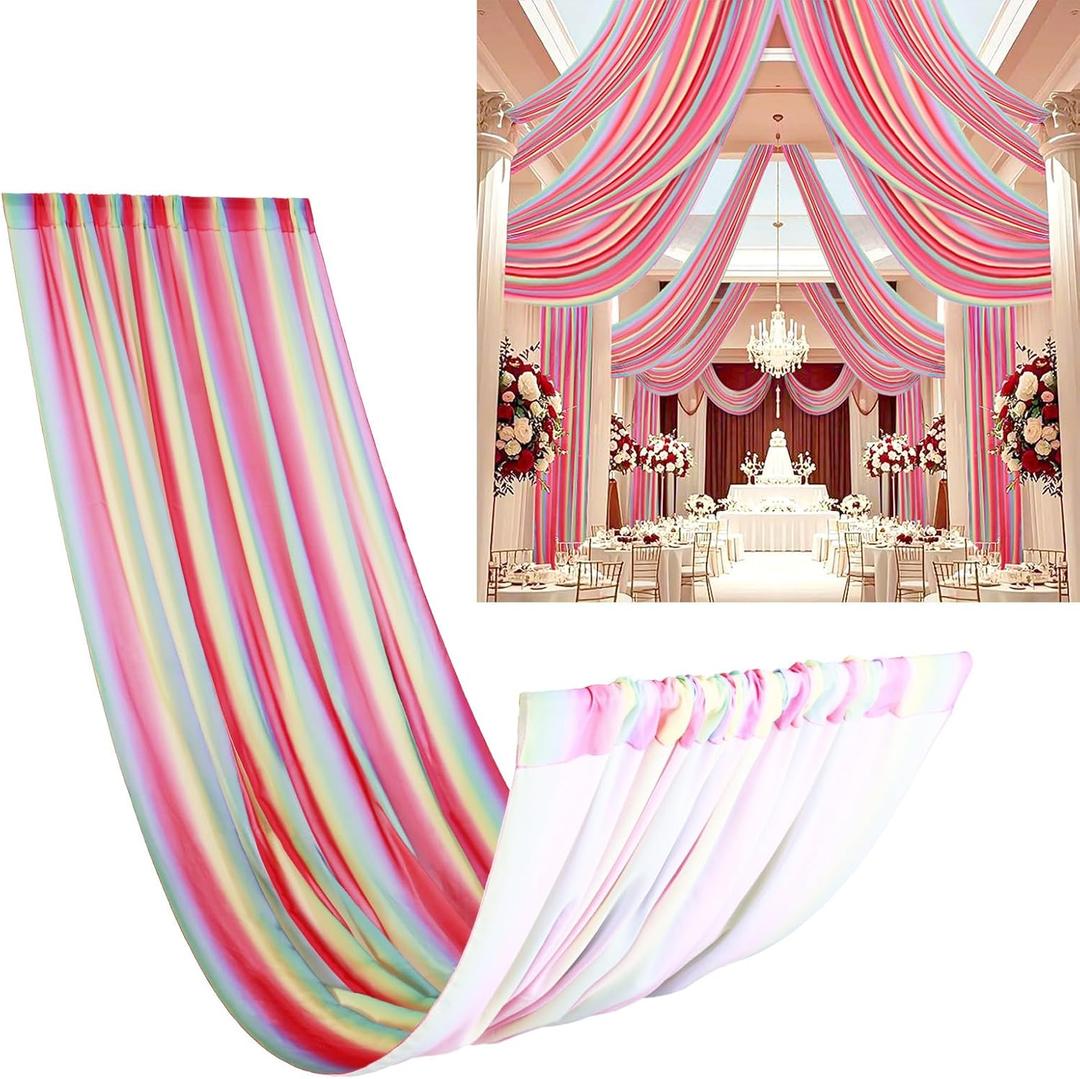 DUOBAO Rainbow Chiffon Wedding Ceiling 10FT Length Photo Background Curtain Decorations with Rod Pocket for Banquet Room Weddings Ceremony Graduation Prom, W 5' x L 10'-6 Panels Bright Rainbow