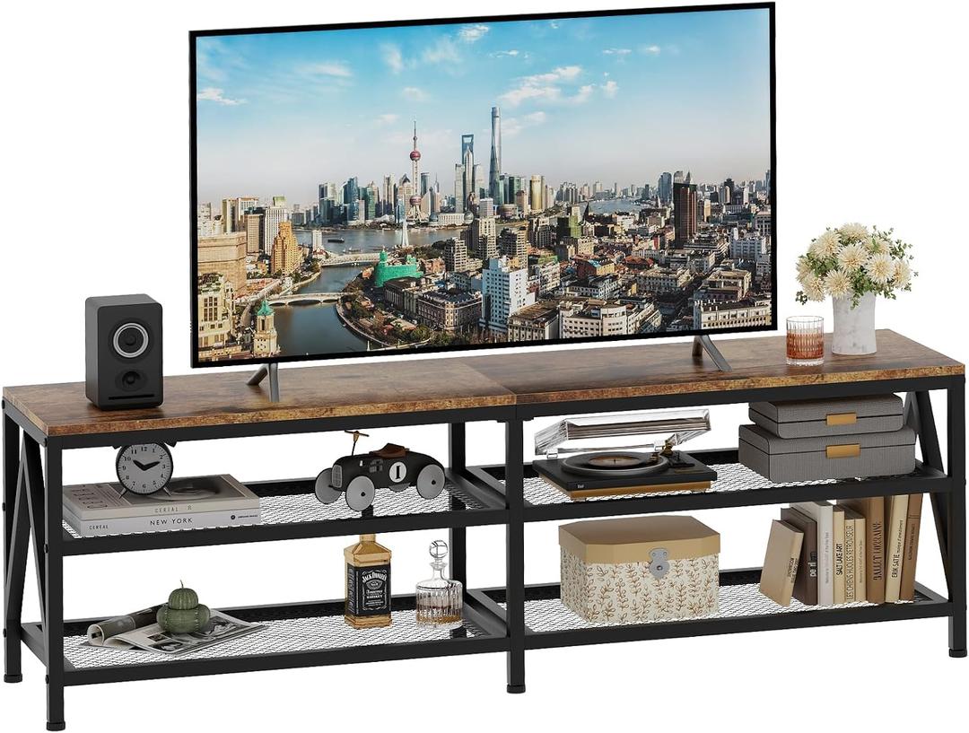 TV Stand for TVs up to 70 Inch, 63" Long Industrial TV Console Table with 3-Tier Storage Shelves, Entertainment Center for Living Room, Bedroom (Brown)