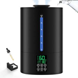Coolfiqu 6L Humidifiers for Bedroom Large Room Home, Cool and Warm Humidifier for Plants Mist Top Fill Desk Humidifier Essential Oil Diffuser, Quiet Humidifiers with Adjustable Mist, 360°Nozzle-Black