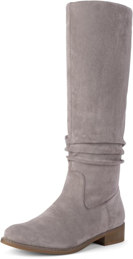 Shoe'N Tale Women's Knee High Boots Flat Low Heel Slouch Pointed Toe Winter Shoes with Side Zipper (8, Grey)