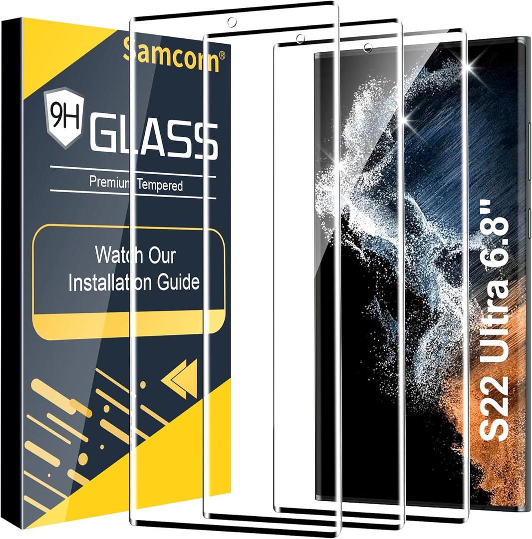 3 Pack Galaxy S22 Ultra Screen Protector, HD Clear Tempered Glass, Fingerprint Unlock, 3D Curved, Scratch Resistant, No Bubble for Samsung Galaxy S22 Ultra 5G Glass Screen Protector