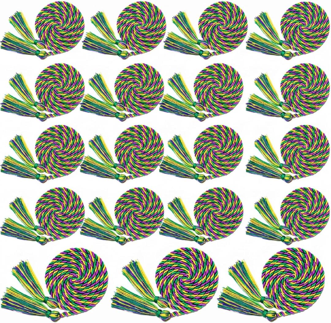 Riakrum 24 Pieces Graduation Cords Bulk 2026 Graduation Polyester Yarn Honor Cords 67 Inch Braided Honor Ropes with Tassels for College Students (Purple,Yellow and Green)