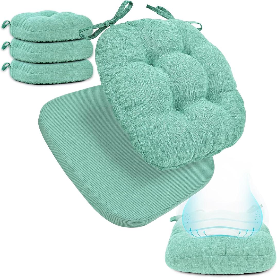 BUYUE Double-Layer Thickened Chair Cushions for Dining Chairs, Natural Latex Foam Support, 2-Faced Reversible Kitchen Seat Cushions, Practical Non-Slip Chair Pads, 4 PCS, Light Green