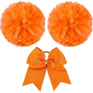 Hanaive 3 Pcs Cheerleading Pom Poms and Large Cheerleader Hair Bow Metallic Cheer Supplies for Team Spirit Sports Dance Cheering (Orange)