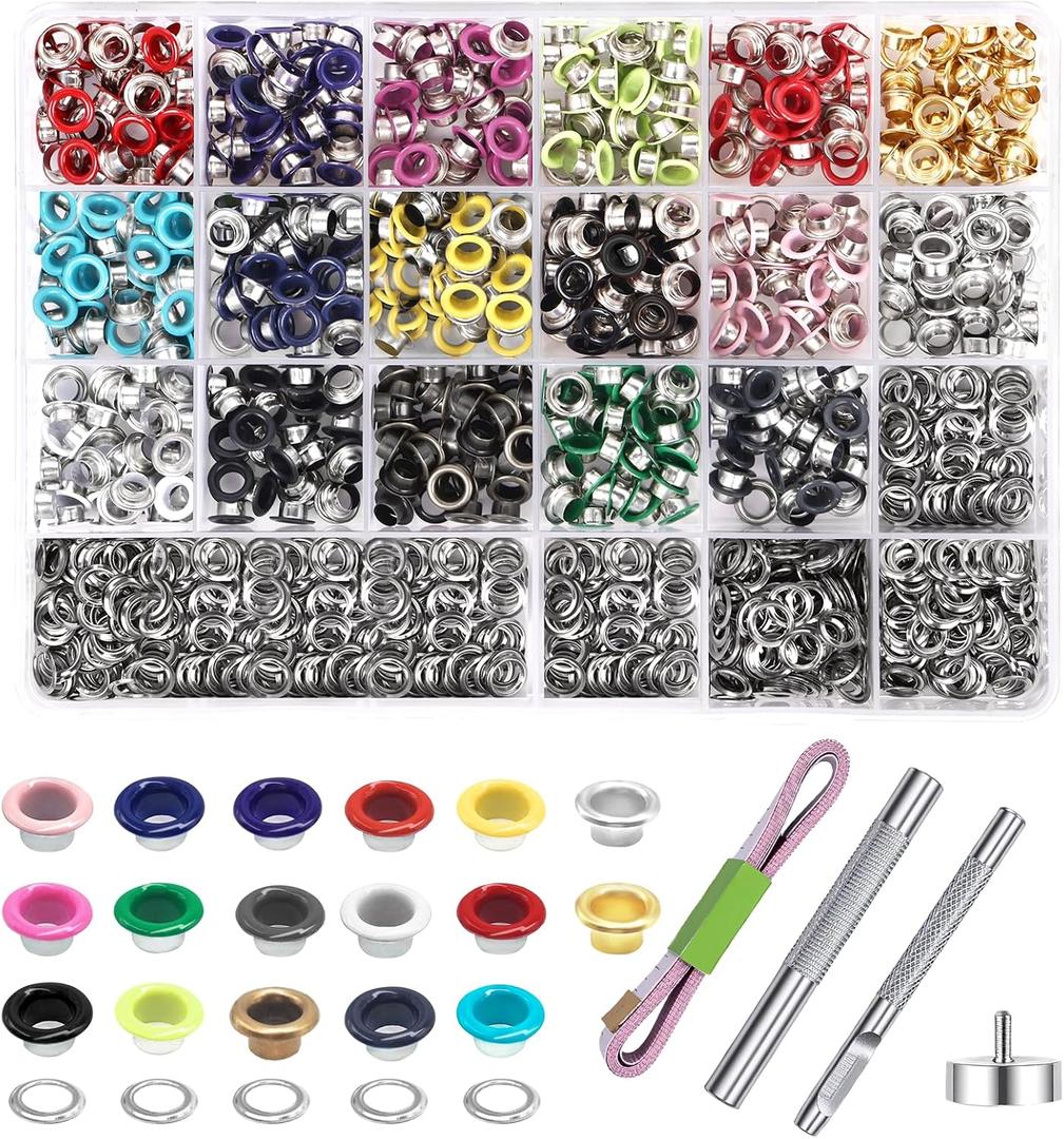 Metal Eyelets Grommets, 680Pcs 17 Colors 3/16 inch Metal Grommets Kit, Multi-Color Eyelets Set with Installation Tool, Measuring Tape and Storage Box for DIY Shoes Belt Clothes Crafts Bag