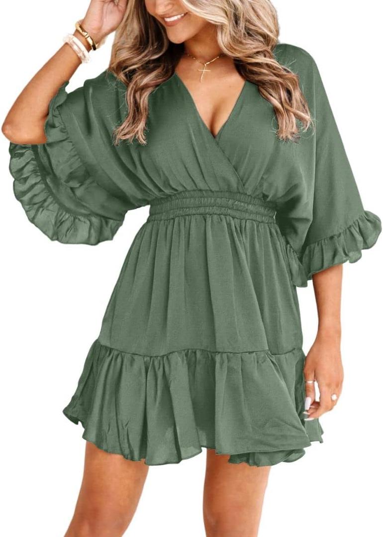 Aoysky Womens V Neck Casual Dresses Summer Loose High Waist Ruffle Pleated Cute Mini Short Dress (Small, Green)