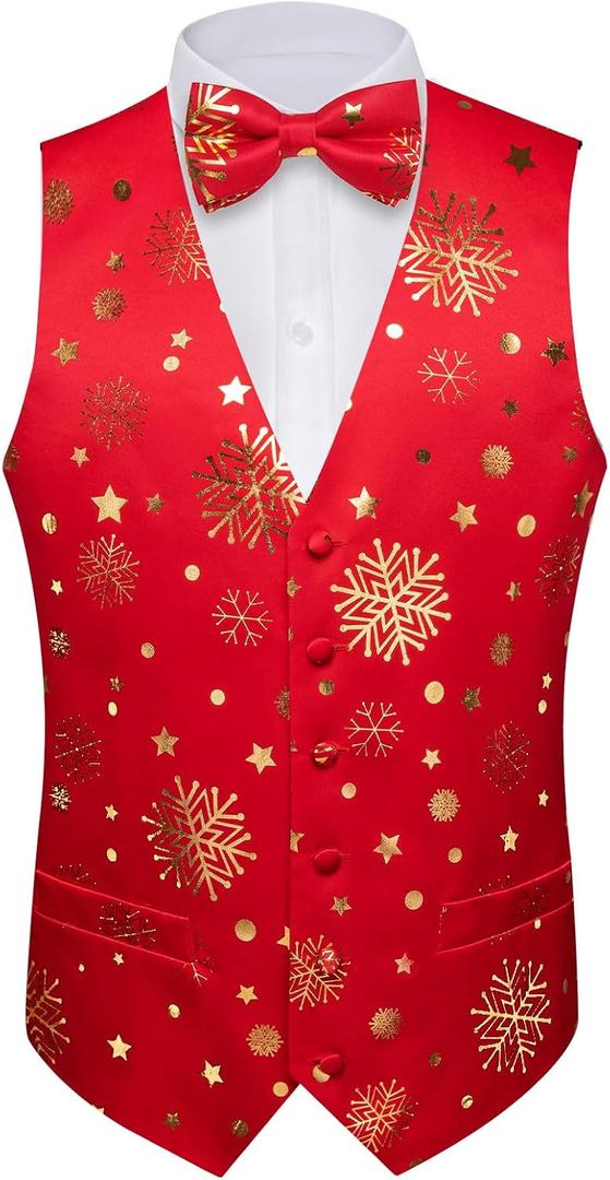 DiBanGu Mens Christmas Vest and Bow Tie Set Festival Christmas Snowflake Suit Vest for XmasNew Year Party Formal (Large)