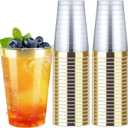 Byvivace 12oz Clear Plastic Cups with Gold Rimmed Sturdy & Food Safe Disposable Wine Glasses Wedding Cups Party Cups Plastic Cocktail Glasses for Wine, Juice, Cocktails and Cold Beverages [100 Pack]