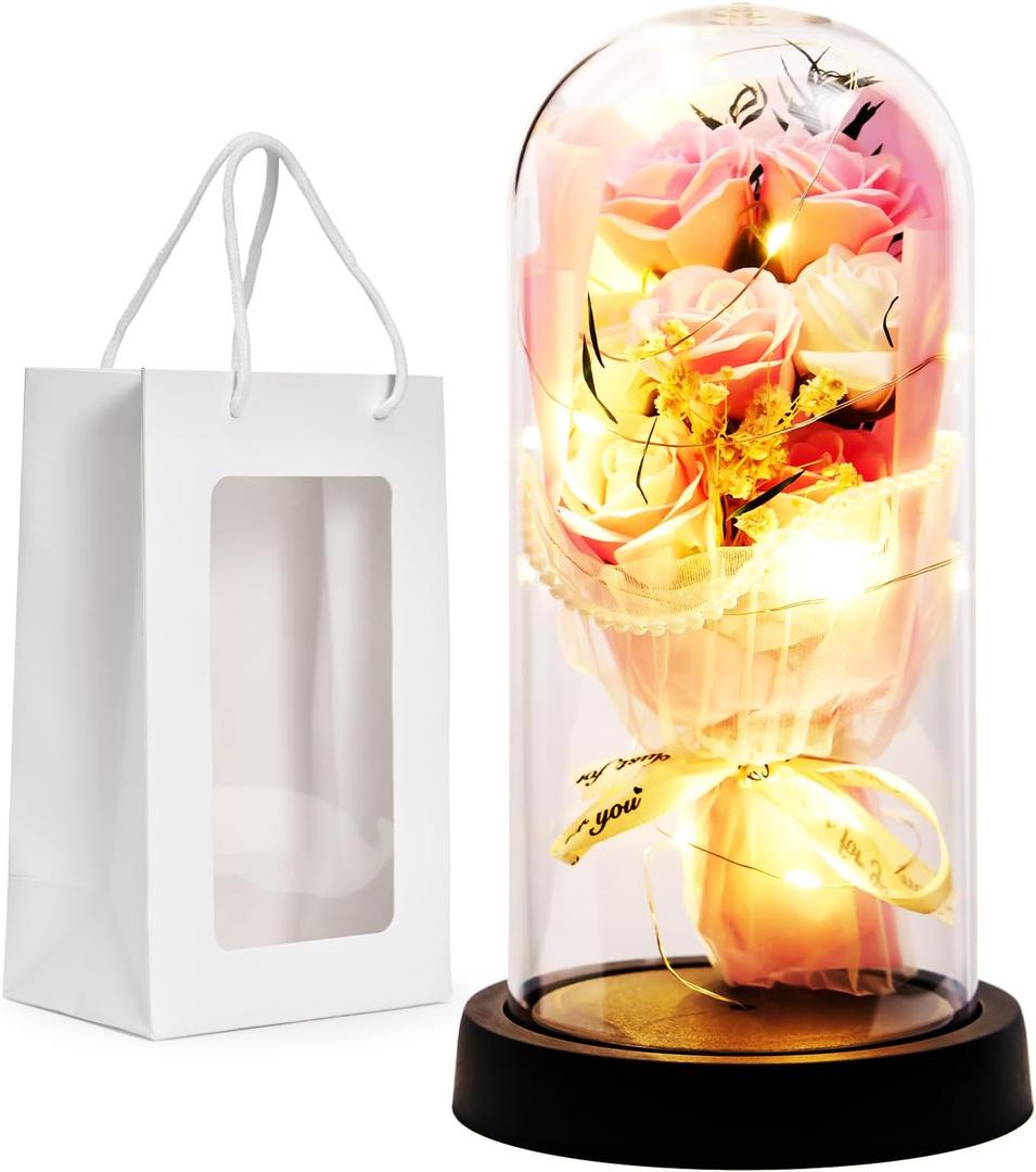 Relosy Valentine's Day Rose Gift for Her Forever Preserved Flower Bouquet in Glass Dome with Light, Preserved Roses for Anniversary, Birthday, or Romantic Gifts for Mom, Wife, Grandma, or Friend