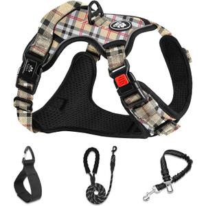 NESTROAD No Pull Dog Harness with Leash, Reflective No Choke Pet Vest Harness,Adjustable Soft Padded Dog Harness with Easy Control Handle for Large Dogs(Checkered Beige,Large)