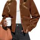 Cicy Bell Womens Button Down Bomber Jackets Puff Sleeve Cropped Pea Coats Casual Fall Color Block Outerwear (Small, Brown)