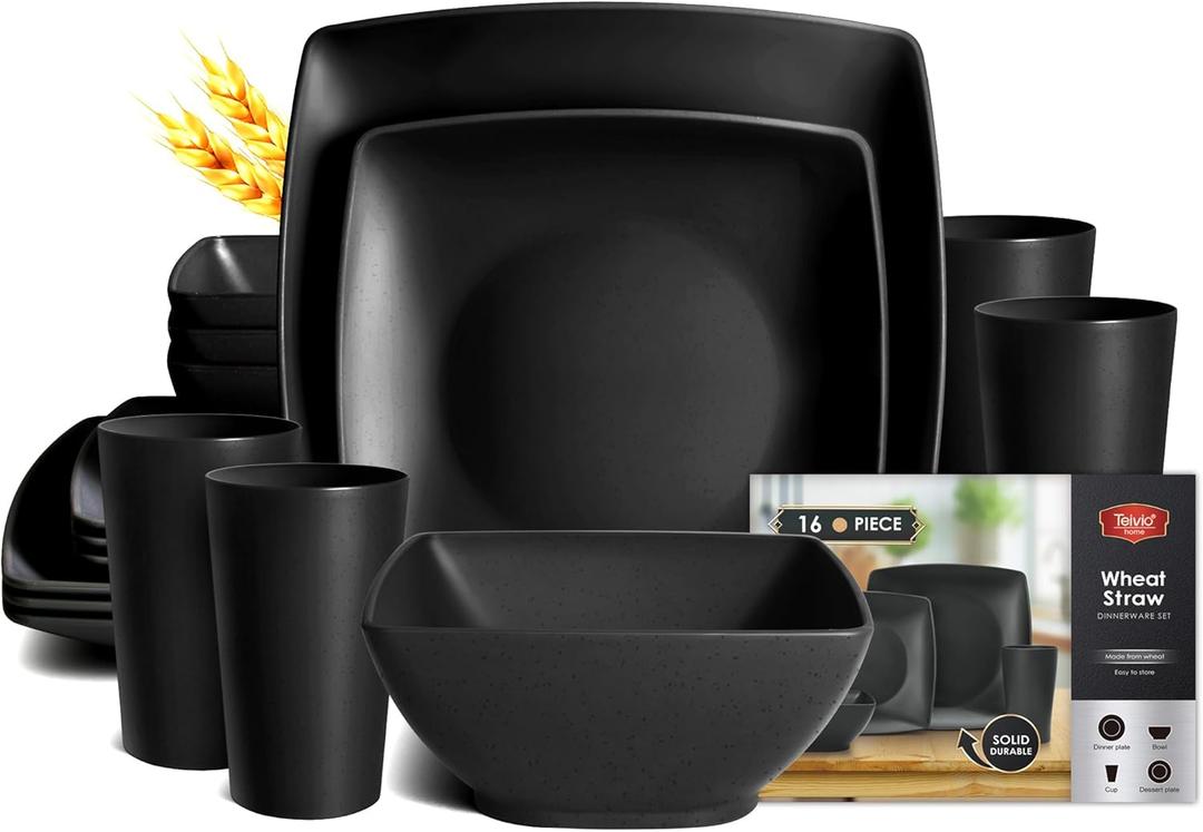 Teivio 16-piece Plastic Wheat Straw Square Dinnerware Set for 4, Unbreakable Dinner Plates, Salad Plates, Snack Bowls, Tumblers 13.5 oz, Dishwasher Safe, Black Matte