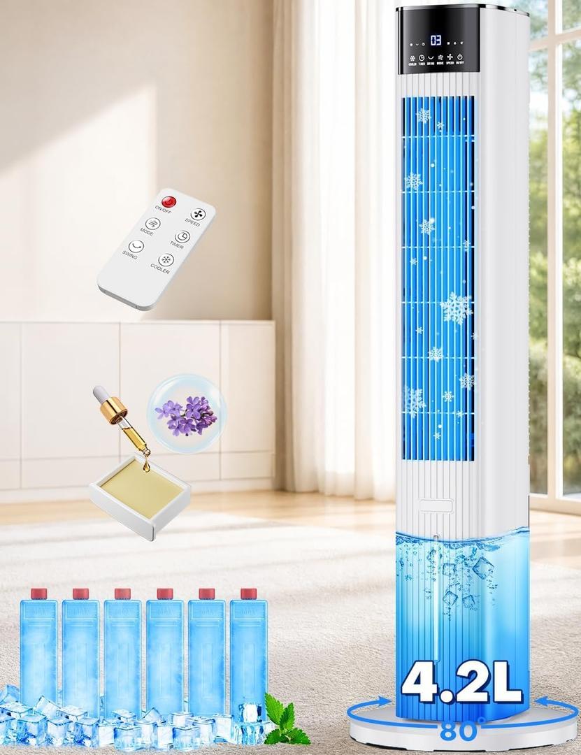 42 INCH Swamp Cooler Air Conditioner w/ 4 Modes & 3 Speeds, Aroma&Memory Function Portable Evaporative Air Cooler, 4.2L Dual Tank, 15H Timer, 6 Ice Packs Windowless Air Conditioner for Bedroom
