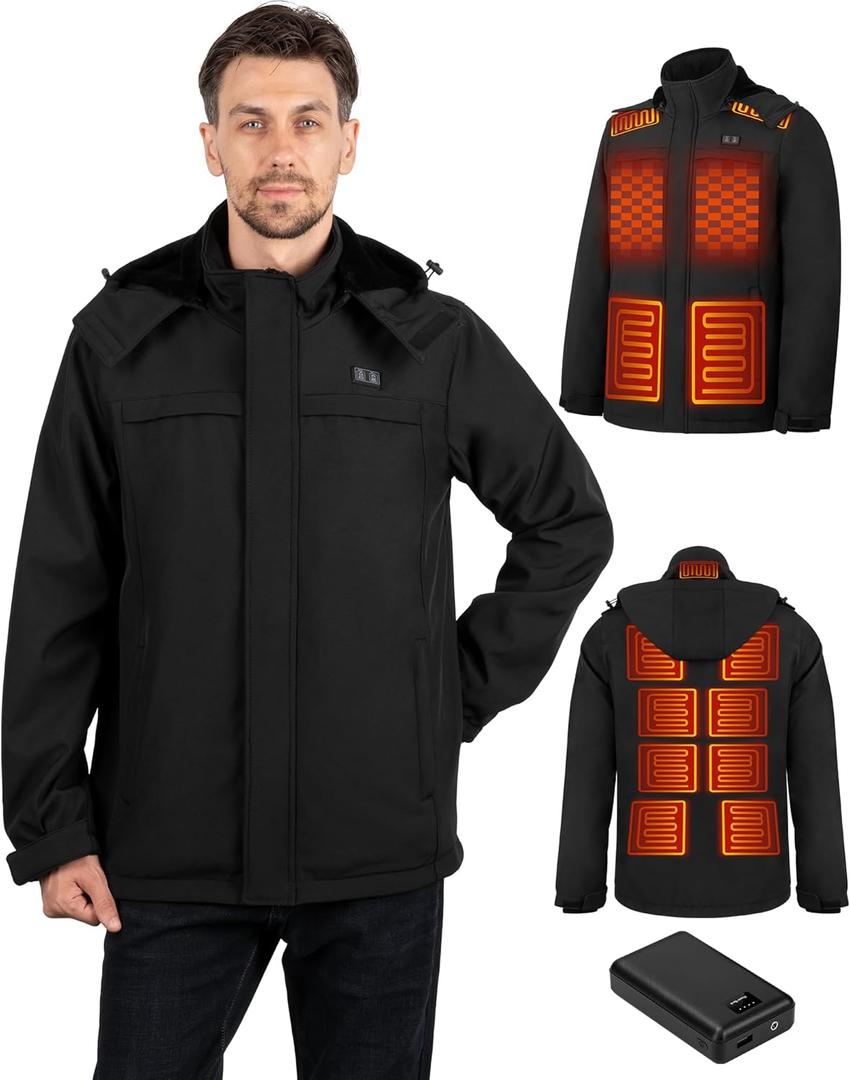 Heated Jackets for Men, Windproof Waterproof Winter Heating Coat, Mens Soft Shell Heated Jacket, Detachable Hood (X-Large)