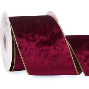 Ribbli Burgundy Velvet Wired Ribbon 4 Inch Metallic Burgundy Gold Crushed Velvet Christmas Ribbon for Gift Wrapping Christmas Tree Decoration Crafts Wreaths Supplies-Continuous 10 Yards