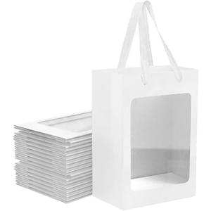 BallHull 24 Pcs White Kraft Paper Gift Bags with Transparent Window, 9.84"x7.0"x5.12" Kraft Shopping Bags with Handles for Bouquet Christmas Birthdays Festivals Party Weddings Wrapping