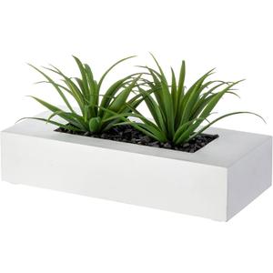 MyGift 10 Inch Artificial Grass Fake Plants in White Rectangular Wood Planter - Faux Plants Indoor for Tabletop Centerpiece Décor