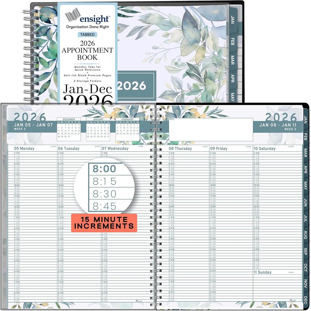 Ensight 2026 Appointment Book and Planner 8.5" x 11" Large Hourly Weekly Daily Schedule Planner with Tabs, 15 Minute Time Slots, Floral Calendar Organizer Jan 2026 Dec 2026 Appointment Book - Floral