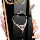 Petitian for iPhone 13 Pro Max Case, Cute Women Girls Bling Glitter Designed Heart Cases for iPhone 13 Pro Max, Girly Gold Plating Cover for 13 Promax with Camera Protector Black (Black)