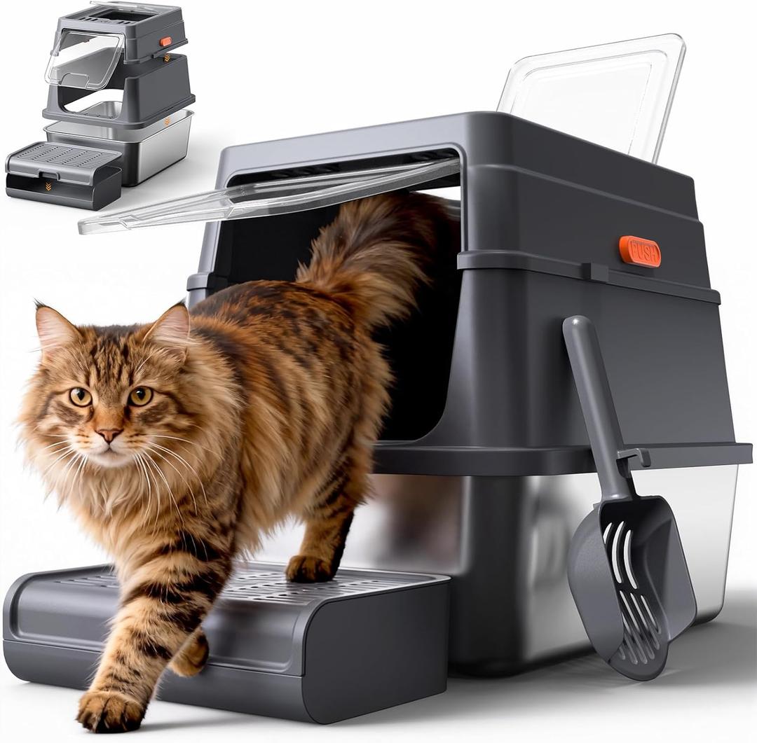 Powools Cat Litter Box - Stainless Steel Litter Box with Lid for Kitty, Metal Base Enclosed Cat Box with Litter Scoop, Elevated Step Box, Activated-Carbon Pack, 17.1" x 13.2" x 15", Grey