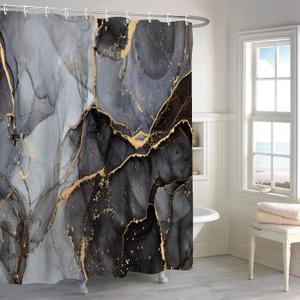 Renaiss 72x72 Inches Black Gold Marble Shower Curtain Abstract Crack Granite Texture Modern Luxury Ink Painting Fabric Shower Curtains for Bathroom Decor Waterproof Polyester with Hooks (72"W x 72"L (Pack of 1), Black)