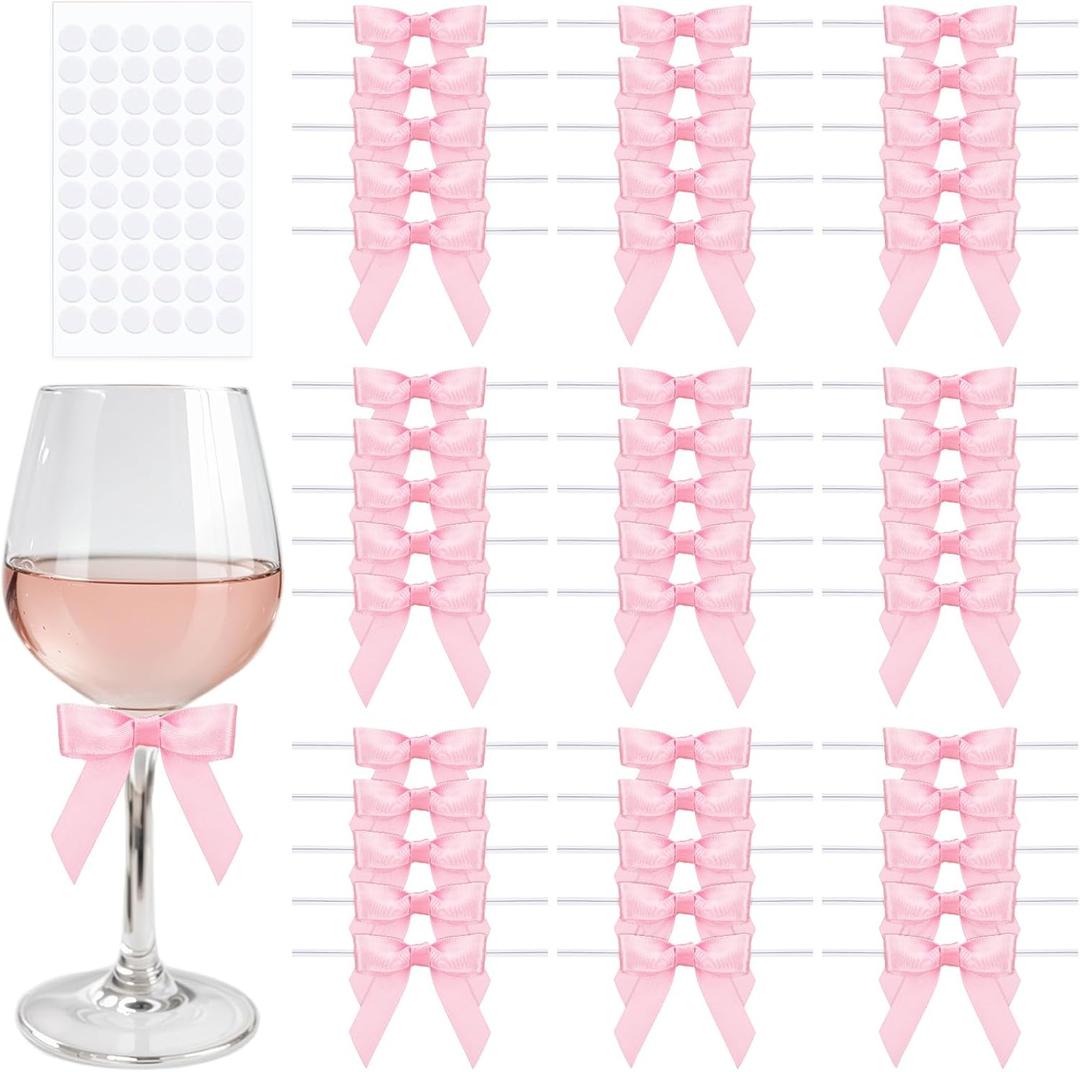 60 PCS Mini Pink Bows 2.5" Premade Pink Satin Ribbon Twist Tie Bows for Mother's Day Crafts Treat Bags Cake Baking Gift Wrapping Wedding Birthday Baby Shower Supplies