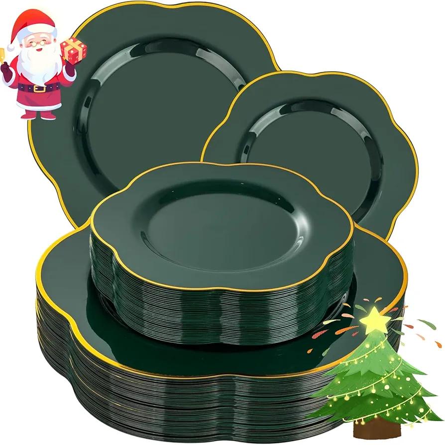 Liacere 50PCS Green Plastic Plates - Heavy Duty Disposable Plate-Green and Gold Include 25PCS Dinner Plate, 25PCS Dessert Plates for Easter&Baby Shower Gifts & Chrismas &Christmas