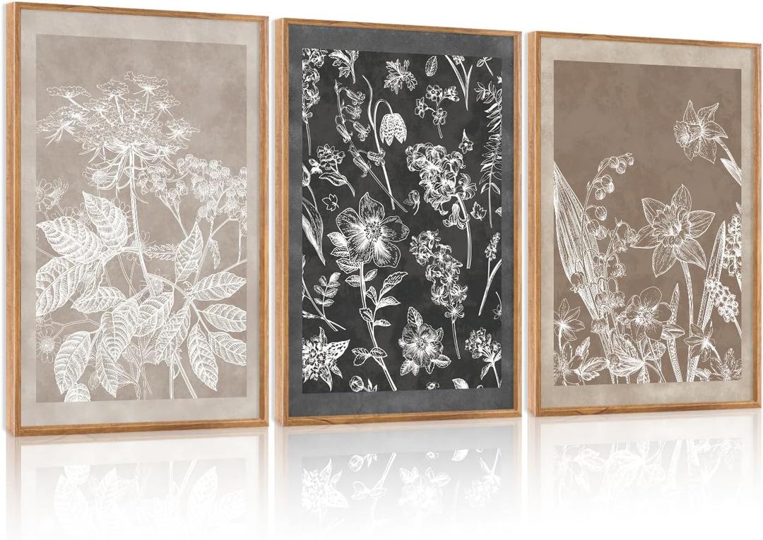 HOURIA 3Pcs Large Plant Leaf Flower Silhouette Framed Canvas Wall Art(16"x24"),Minimalist Botanical Wall Paintings Neutral Floral Wall Decor Modern Black Brown Art Print For Living Room Bedroom Office