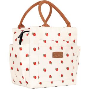 Joymee Lunch Bag Women Insulated Lunch Box Reusable Leakproof Large Spacious Cooler Tote for Women Men Adult with Bottle Holder and Side Pockets for Work Office Travel Picnic - Strawberry