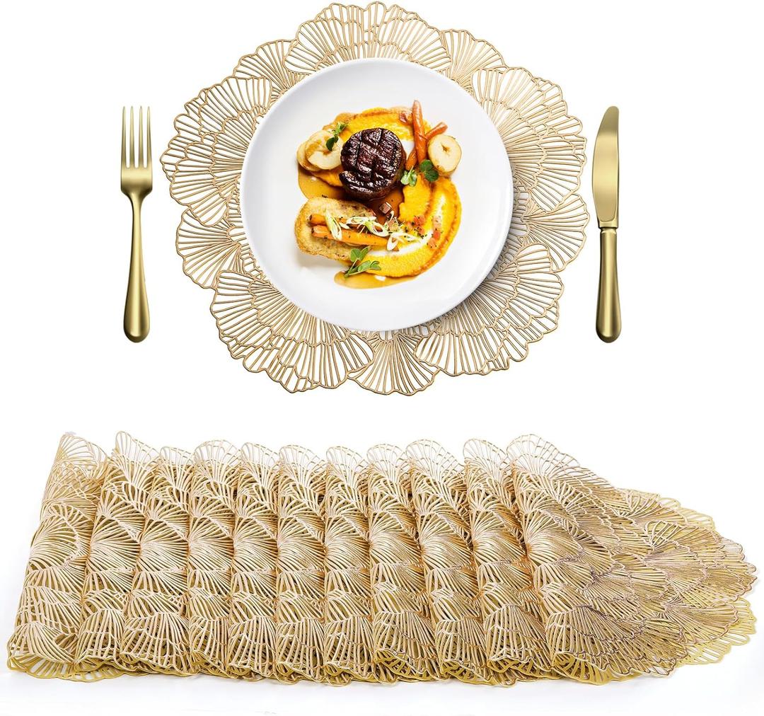 WUWEOT 12 Pack Gold Vinyl Placemats, 15 Inches Metallic Table Mats, Washable Easy Clean Centerpiece Placemat, No-Slip Heat Resistant Mats for Christmas Thanksgiving Holiday Party Wedding