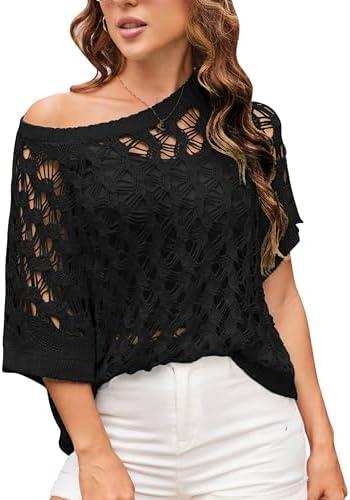 GRACE KARIN Crochet Tops for Women Summer Hollow Out Sweaters 2025 Off Shoulder Pullover Short Sleeve Beach Coverup Black, Small