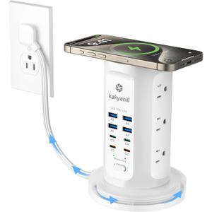 Power Strip Tower, PD 65W USB Charging Tower, kakyanill Surge Protector Tower 9 AC Outlets 8 USB (4 USB C), 6 Ft Retractable Extension Cord, Charging Station for Office Dorm Room, White