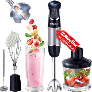 Mueller Multistick 800W 4-in-1 Immersion Blender, 12-Speed Hand Blender with Turbo Boost, Heavy-Duty Copper Motor, Titanium Blades, Milk Frother and Whisk