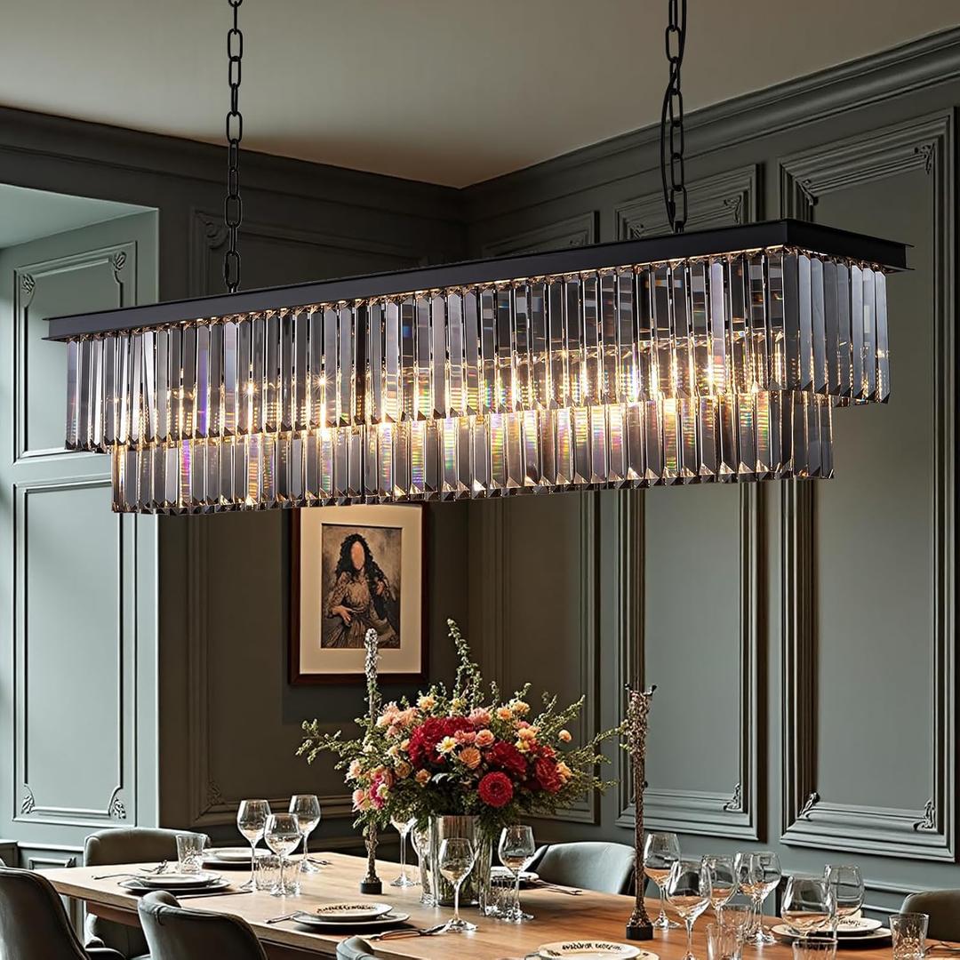 47-inch Rectangle Dining Crystal Chandelier, Hanging Pendant Light with Adjustable 59" Wire, Smoke Gray K9 Crystals, E12 Bulbs Base, Modern Ceiling Light Fixture for Kitchen Island
