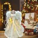 Angel Tree Topper with LED Light, 14" Angel Treetop Figurine with Dress, Feather Wings, and 10 Lights for Indoor and Outdoor Holiday Decoration, Xmas Home Ornaments-Silver